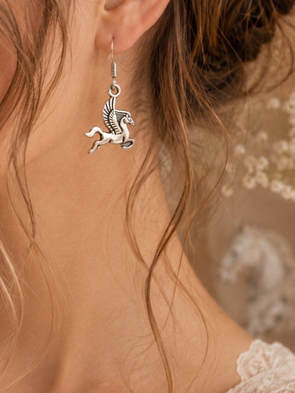 Silver Pegasus Winged Horse Dangle Earrings Mythical Fantasy Jewelry
